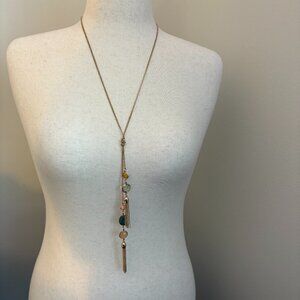 LOFT Gold-Tone Lariat Necklace | Multicolor Gemstone-Style Beads & Tassels